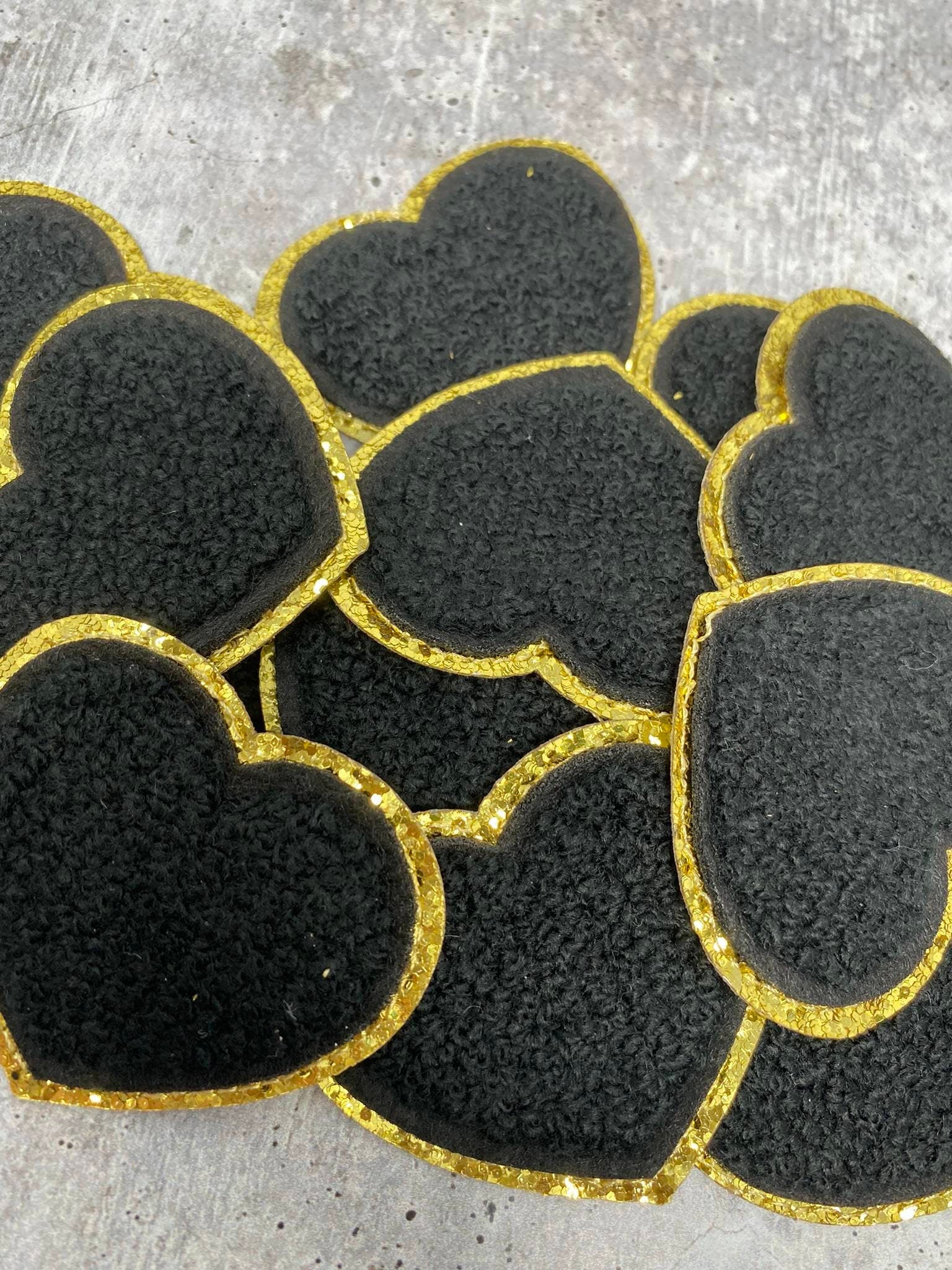 New: Black, 1-pc Chenille "Heart Patch" w/Gold Glitter, Size 2.5", Love Patch w/ Iron-on Backing, Fuzzy Iron-on Patch for Girls, Small Patch