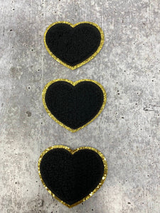 New: Black, 1-pc Chenille "Heart Patch" w/Gold Glitter, Size 2.5", Love Patch w/ Iron-on Backing, Fuzzy Iron-on Patch for Girls, Small Patch