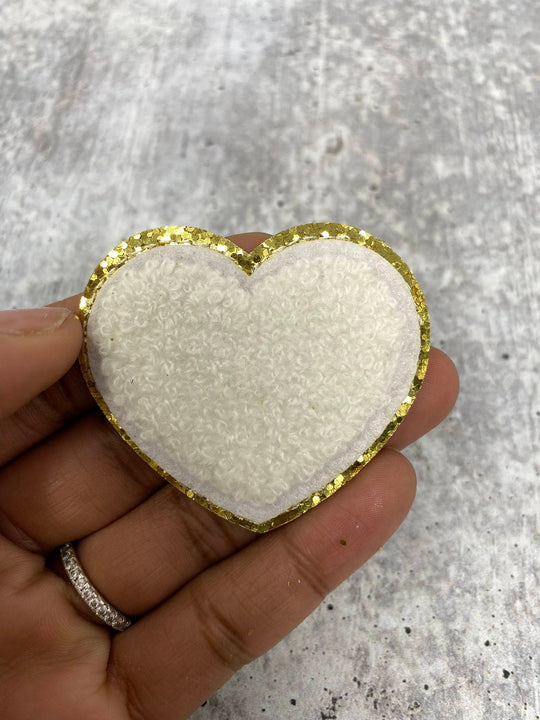 New: White, Chenille 1-pc "Heart Patch" w/ Gold Glitter, Size 2.5", Love Patch with Iron-on Backing, Fuzzy Applique, Iron-on Patch for Girls