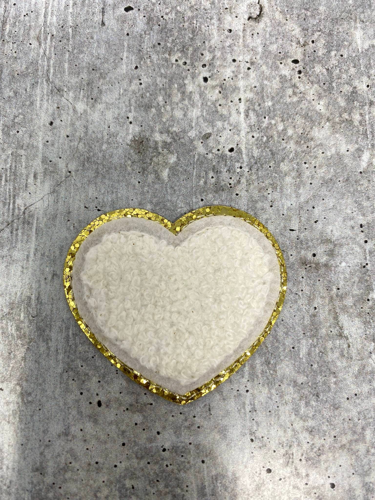 New: White, Chenille 1-pc "Heart Patch" w/ Gold Glitter, Size 2.5", Love Patch with Iron-on Backing, Fuzzy Applique, Iron-on Patch for Girls