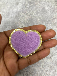 New: Purple, Chenille 1-pc "Heart Patch" w/Gold Glitter, Size 2.5", Love Patch with Iron-on Backing, Fuzzy Applique, Iron-on Patch for Girls