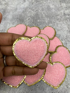 New: Light Pink, 1-pc, Chenille "Heart" Patch w/ Gold Glitter, Size 2.5", Love Badge, Heart Patch with Iron-on Backing, Fuzzy Applique, DIY