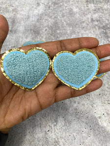 New: Seafoam Blue, 1-pc, Chenille "Heart Patch" w/Gold Glitter, Size 2.5", Love Patch w/ Iron-on Backing, Fuzzy Applique, Iron-on Patch