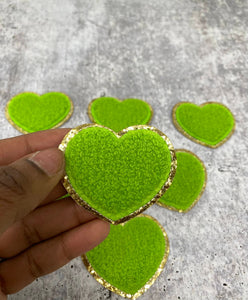 New: Green, Chenille 1-pc "Heart Patch" w/Gold Glitter, Size 2.5", Love Patch with Iron-on Backing, Fuzzy Applique, Iron-on Patch for Girls