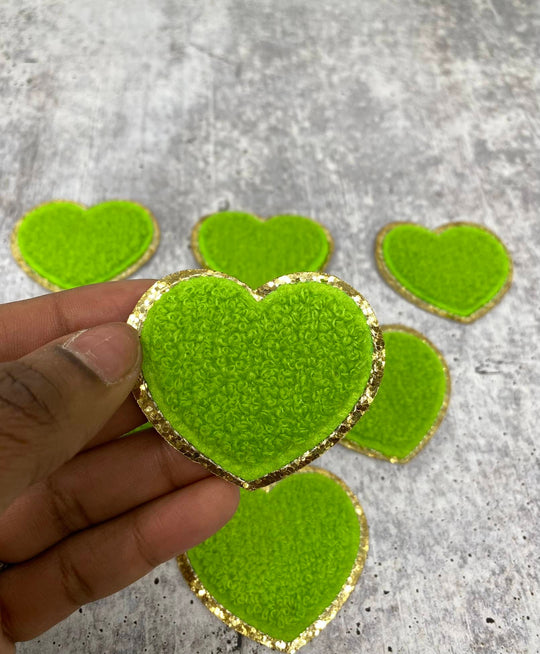 New: Green, Chenille 1-pc "Heart Patch" w/Gold Glitter, Size 2.5", Love Patch with Iron-on Backing, Fuzzy Applique, Iron-on Patch for Girls