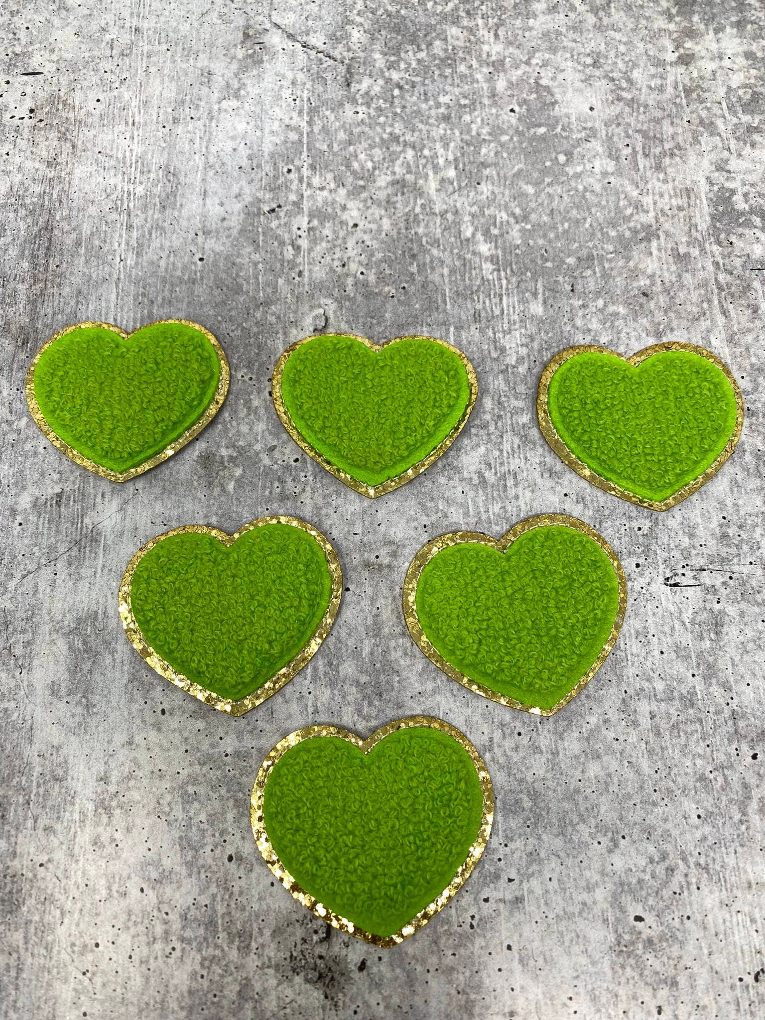 New: Green, Chenille 1-pc "Heart Patch" w/Gold Glitter, Size 2.5", Love Patch with Iron-on Backing, Fuzzy Applique, Iron-on Patch for Girls