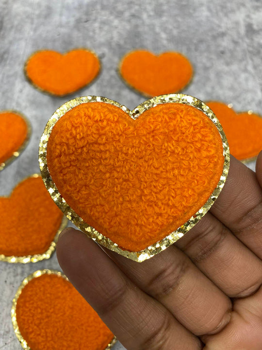 New: Orange, Chenille 1-pc "Heart Patch" w/Gold Glitter, Size 2.5", Love Patch with Iron-on Backing, Fuzzy Applique, Iron-on Patch for Girls