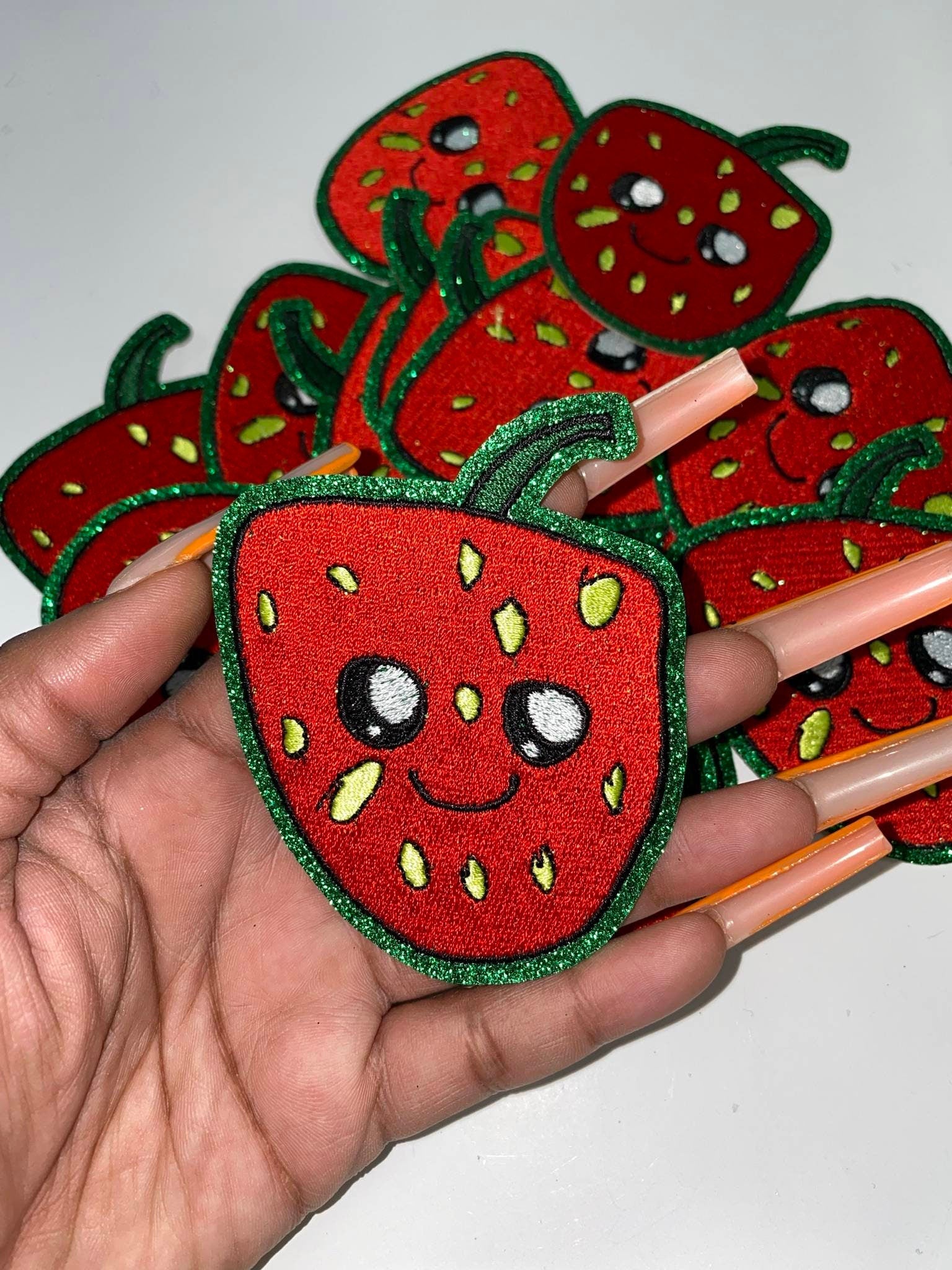 NEW, Adorable 1-pc "Strawberry" Patch w/Green GLITTER, Cute Patch for Girls, iron-on Patch for Denim & Crocs Patch for Little Girls, Size 3"