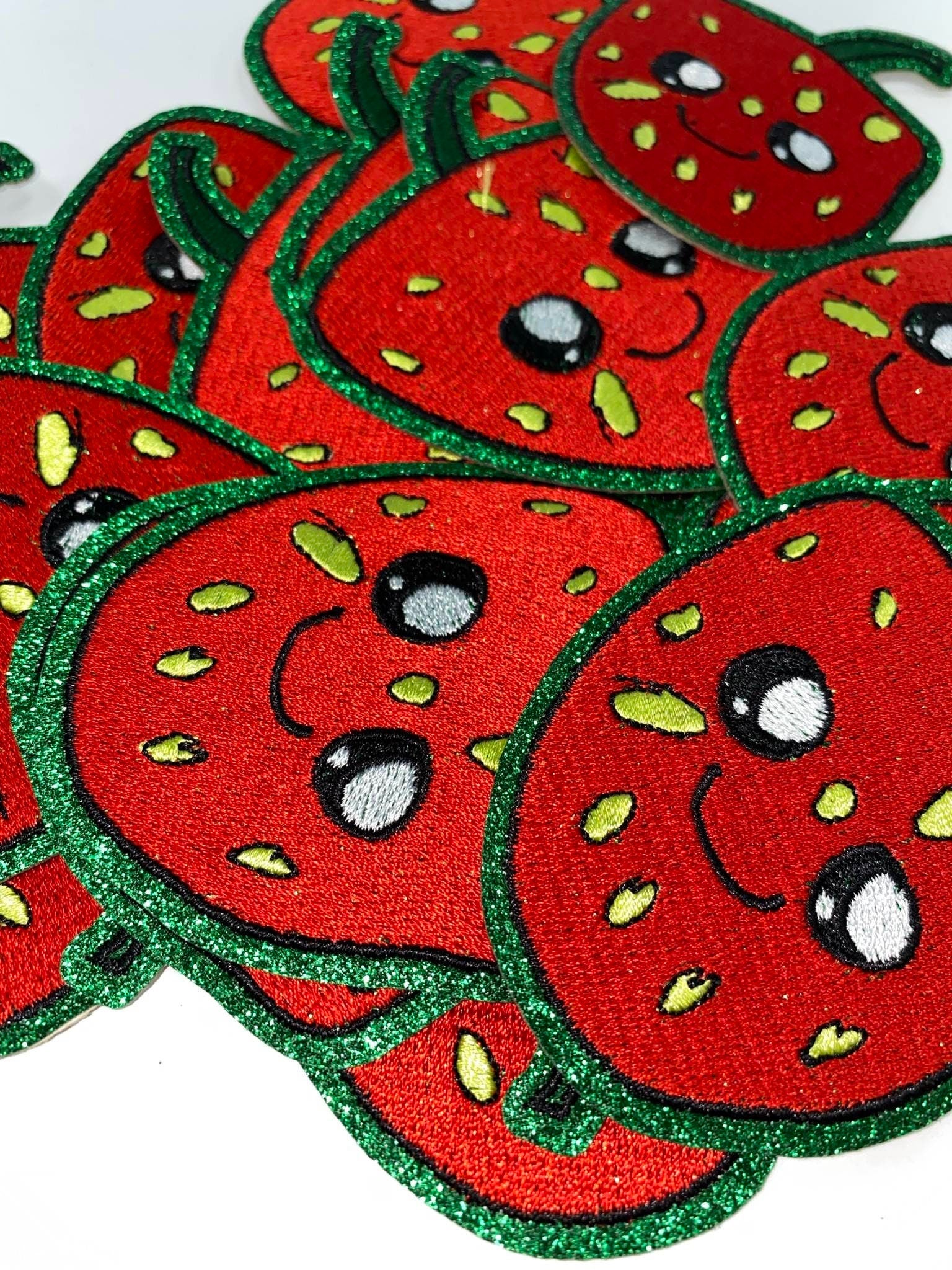 NEW, Adorable 1-pc "Strawberry" Patch w/Green GLITTER, Cute Patch for Girls, iron-on Patch for Denim & Crocs Patch for Little Girls, Size 3"