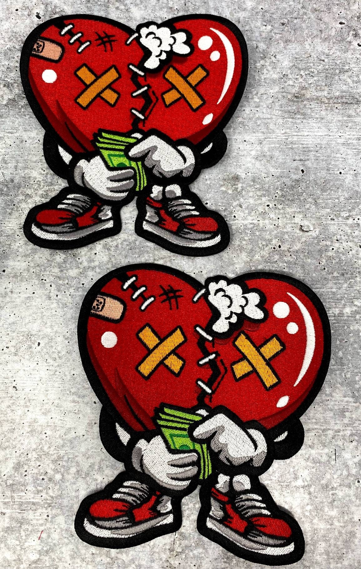 New: 1-pc "Broken Hearted But, Still Hustlin" 100% Embroidered Heart, Iron on Patch, DIY Applique, Large Patch, Size 6"x5", Jacket Patch