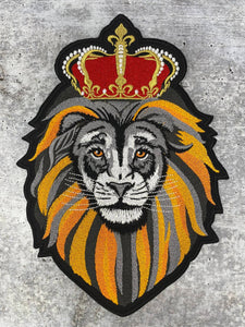 Exclusive: 1-pc "Royal Lion w/Red Crown" 100% Embroidered Iron on Patch, DIY Applique, Large Patch, Size 9", Gifts for Him, Jacket Patch