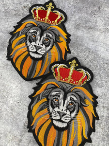 Exclusive: 1-pc "Royal Lion w/Red Crown" 100% Embroidered Iron on Patch, DIY Applique, Large Patch, Size 9", Gifts for Him, Jacket Patch