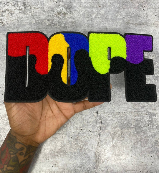 NEW, Large, 1-pc Colorful "DOPE" Chenille Iron On Patch, Size 9"x5", Large Patch for Varsity Jackets, Denim Jackets, Shirts, & Hoodies