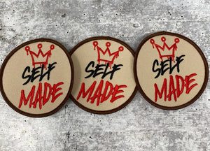Exclusive, 1-pc "Self-Made" Emblem, Beige/Red/Brown Iron On Embroidered Patch,  Size 3.25" Applique for Crocs, Patches for Hats and Jackets