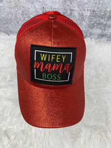 Exclusive, RED, “Wifey, Mama, Boss" Glitter Messy Bun/Ponytail Hat, Glitter Hat, Sparkling Bad Hair Day Hat, Gift for Her, Baseball Cap