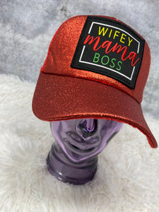 Exclusive, RED, “Wifey, Mama, Boss" Glitter Messy Bun/Ponytail Hat, Glitter Hat, Sparkling Bad Hair Day Hat, Gift for Her, Baseball Cap