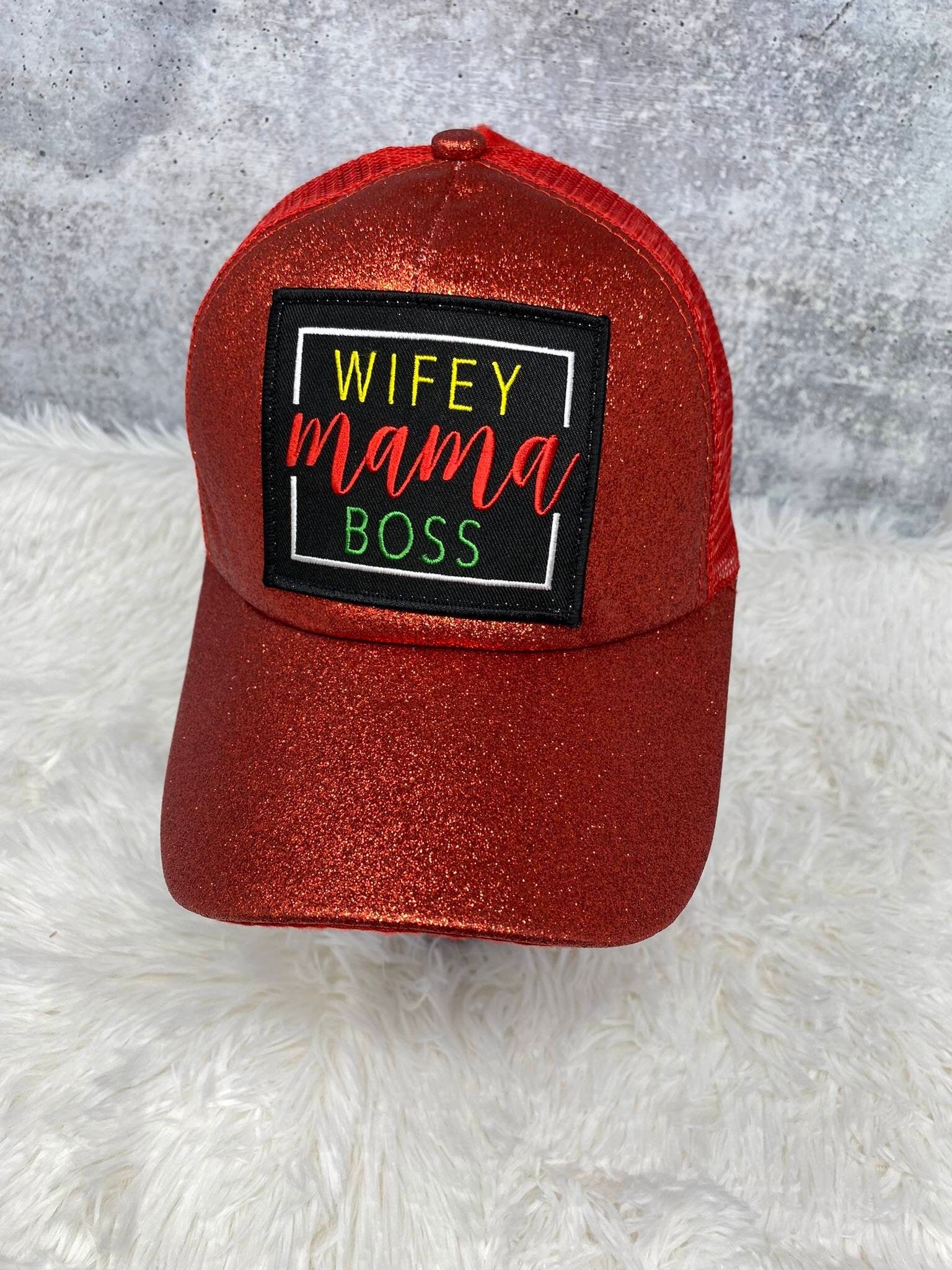 Exclusive, RED, “Wifey, Mama, Boss" Glitter Messy Bun/Ponytail Hat, Glitter Hat, Sparkling Bad Hair Day Hat, Gift for Her, Baseball Cap