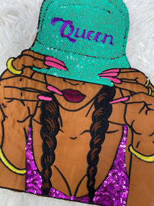 Exclusive, 1-pc SEQUINS "Queen" w/Teal Hat, Embroidery, & Satin, 10'' Patch, Iron-on Applique, Large Back Patch, Patch for Clothing