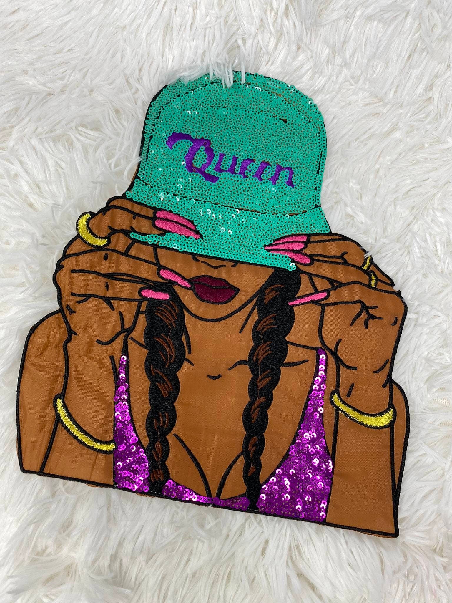 Exclusive, 1-pc SEQUINS "Queen" w/Teal Hat, Embroidery, & Satin, 10'' Patch, Iron-on Applique, Large Back Patch, Patch for Clothing