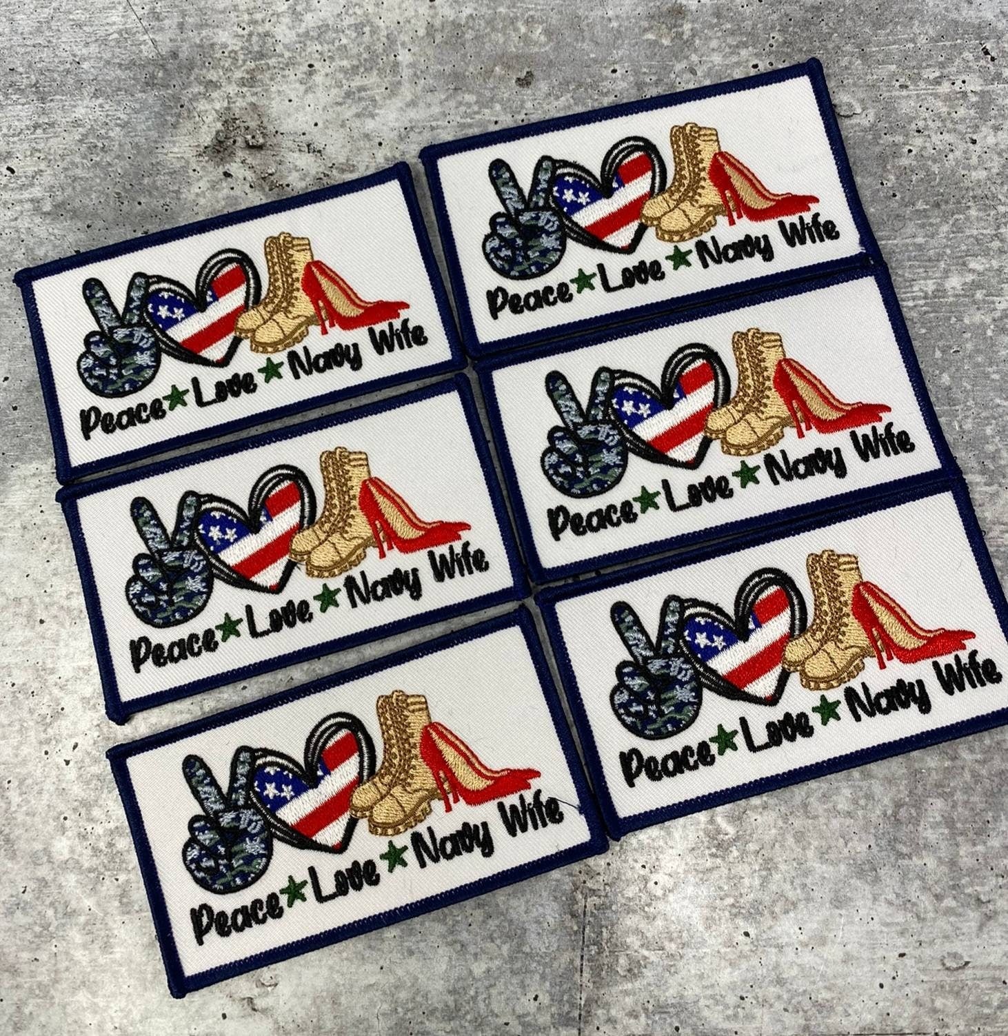 New, 1-pc, "Peace. Love. NAVY Wife" Iron-on Patch, Embroidery Patch, Size 3"x 2", Military Wife Badge, Patch for Crocs, Jackets, & DIY Craft