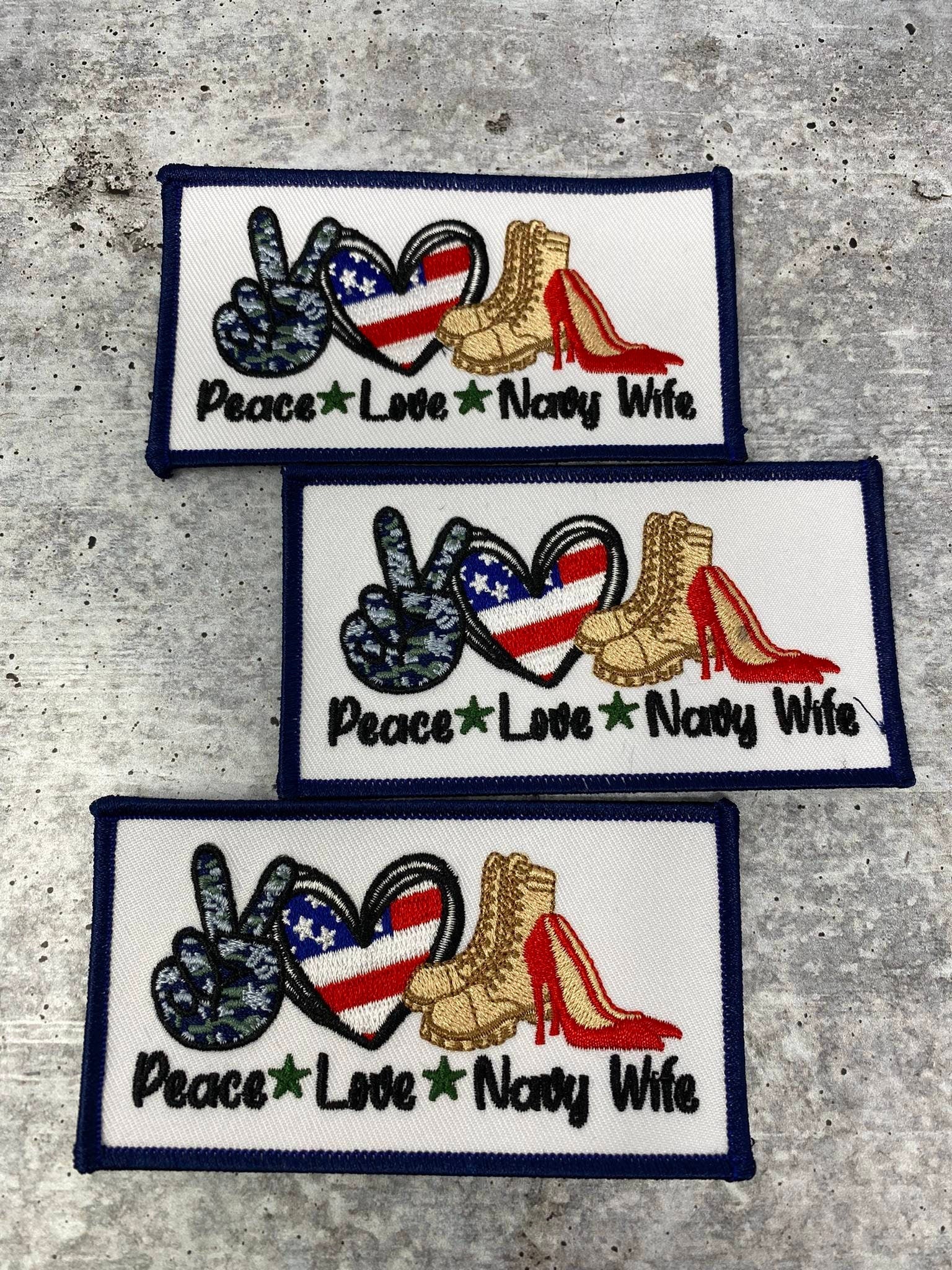New, 1-pc, "Peace. Love. NAVY Wife" Iron-on Patch, Embroidery Patch, Size 3"x 2", Military Wife Badge, Patch for Crocs, Jackets, & DIY Craft