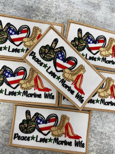 New, 1-pc, "Peace. Love. MARINE Wife" Iron-on Embroidery Patch, Size 3"x 2", Military Wife Badge, Patch for Crocs, Jackets, & DIY Craft