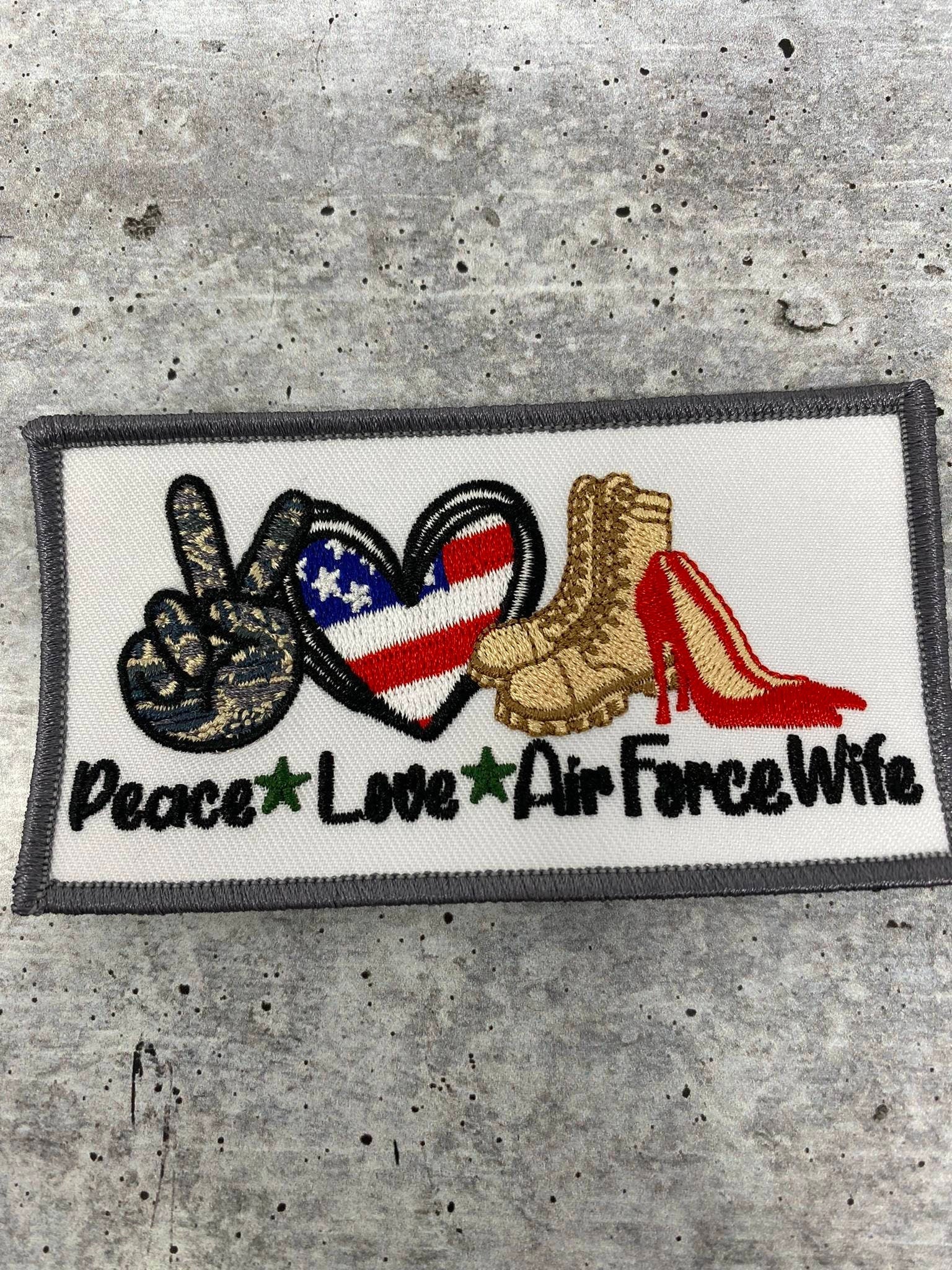 New, 1-pc, "Peace. Love. AIRFORCE Wife" Iron-on Patch, Embroidery Patch, Size 3"x 2", Military Wife Badge, Patch for Jackets, & DIY Crafts