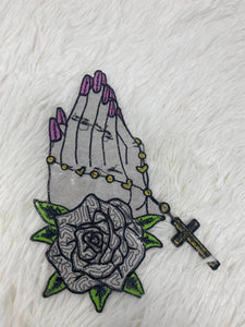 1-pc "Praying Hands" w/ Cross and Flowers, Sequins & Satin Patch, 6" Iron-on Applique, Large Back Patch, Garment Patch, DIY Projects