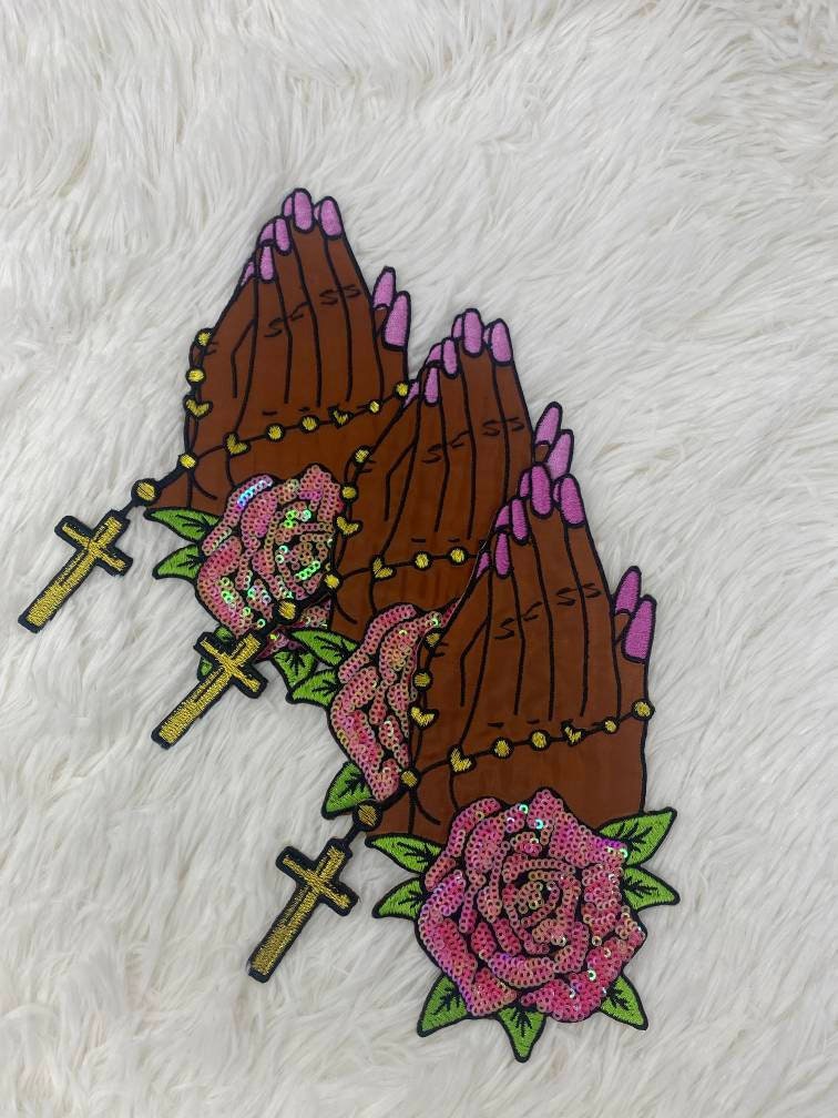 1-pc "Praying Hands" w/ Cross and Flowers, Sequins & Satin Patch, 6" Iron-on Applique, Large Back Patch, Garment Patch, DIY Projects