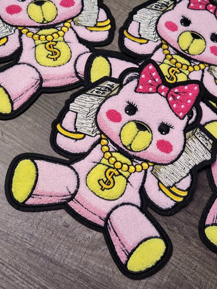 Exclusive, PINK Chenille, "Get Money Bear" Large Patch for Jackets or Hoodies, Size 11", Patches for Women, Fuzzy Bear Patch