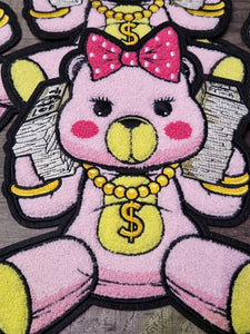 Exclusive, PINK Chenille, "Get Money Bear" Large Patch for Jackets or Hoodies, Size 11", Patches for Women, Fuzzy Bear Patch