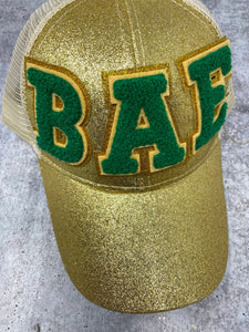 Chenille "BAE" Green & Gold Messy Bun/Ponytail Hat, Glitter Hat, Cute Bad Hair Day Hat, Fashionable Hat for Spring and Summer Hairstyle