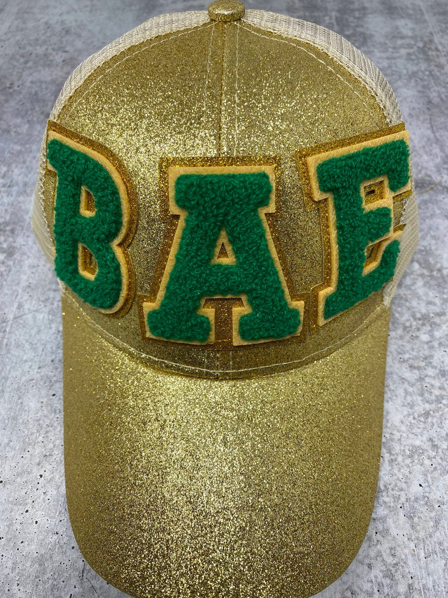 Chenille "BAE" Green & Gold Messy Bun/Ponytail Hat, Glitter Hat, Cute Bad Hair Day Hat, Fashionable Hat for Spring and Summer Hairstyle