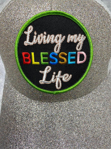 Cute Glitter Ponytail Hat, w/"Living My Blessed Life" Color Patch, Sparkling Bad Hair Day Hat, Cute Hat for Sunblocking, & Summer Hairstyle