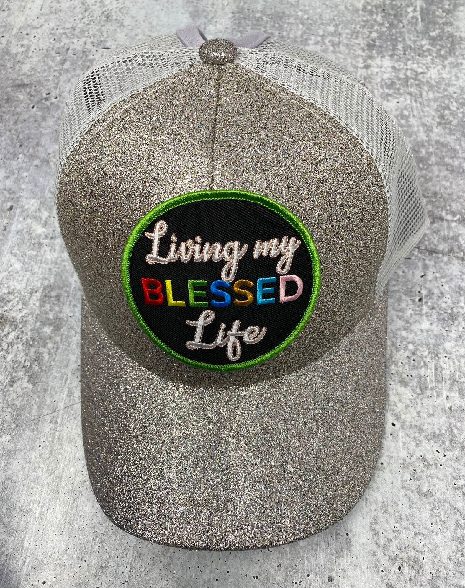 Cute Glitter Ponytail Hat, w/"Living My Blessed Life" Color Patch, Sparkling Bad Hair Day Hat, Cute Hat for Sunblocking, & Summer Hairstyle