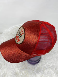 Red Glitter Ponytail Hat, w/"Self-Made" Beige/Red/Black Patch, Sparkling Bad Hair Day Hat, Cute Hat for Sunblocking, & Summer Hairstyles