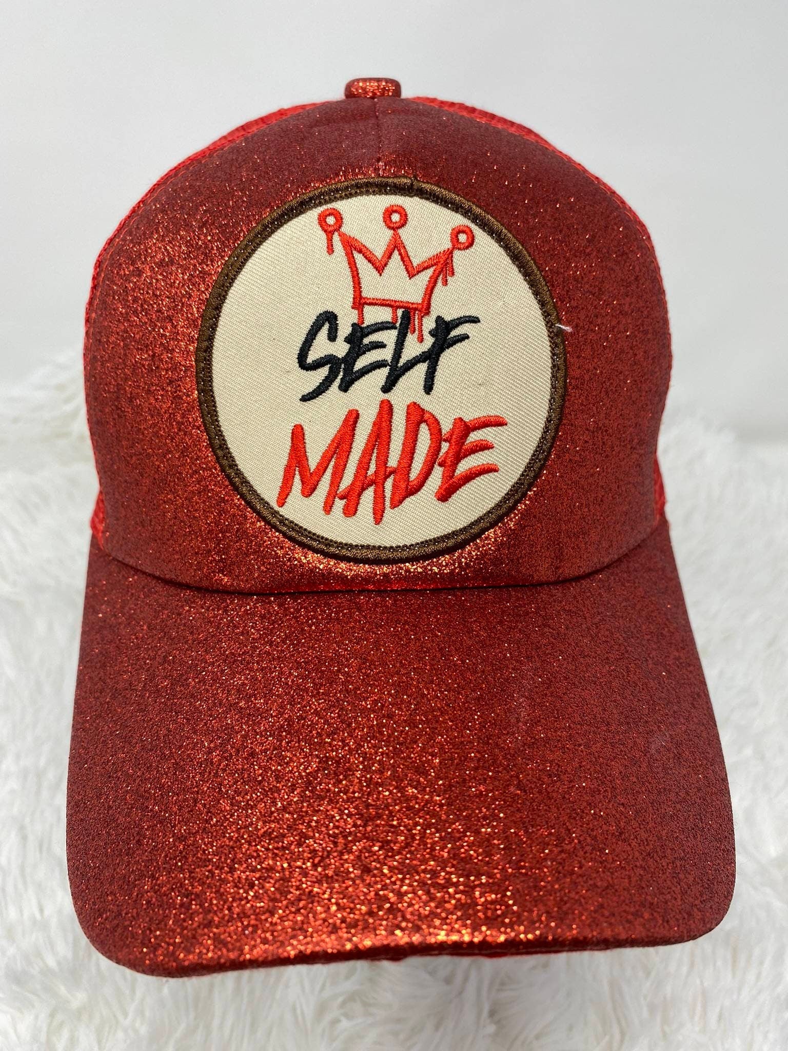 Red Glitter Ponytail Hat, w/"Self-Made" Beige/Red/Black Patch, Sparkling Bad Hair Day Hat, Cute Hat for Sunblocking, & Summer Hairstyles