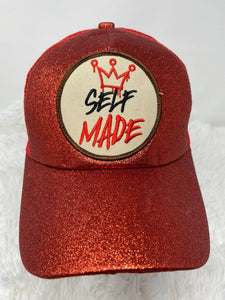 Red Glitter Ponytail Hat, w/"Self-Made" Beige/Red/Black Patch, Sparkling Bad Hair Day Hat, Cute Hat for Sunblocking, & Summer Hairstyles