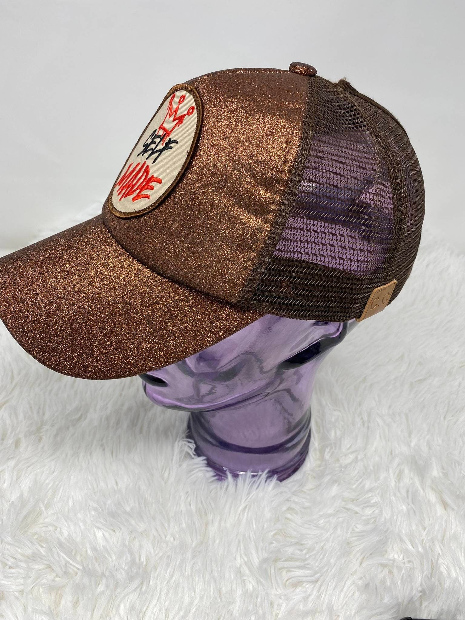 Brown Glitter Ponytail Hat, w/"Self-Made" Beige/Red/Black Patch, Sparkling Bad Hair Day Hat, Cute Hat for Sunblocking, & Summer Hairstyles