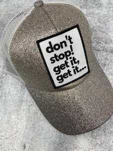 Cute SILVER Glitter, Ponytail Hat, w/"Don't Stop Get It" Patch, Sparkling Bad Hair Day Hat, Cute Hat for Sunblocking, & Summer Hairstyles