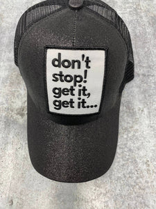 Cute BLACK Glitter, Ponytail Hat, w/"Don't Stop Get It" Patch, Sparkling Bad Hair Day Hat, Cute Hat for Sunblocking, & Summer Hairstyles