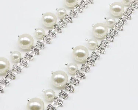 Beautiful 1-yard "Pearl & Crystal" Rhinestone Trim, Sparkling Sash for Wedding and Prom Dress, Croc Trim, Bling Strap Applique