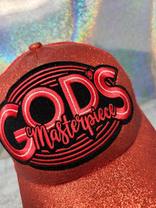 Exclusive,"God's Masterpiece" RED Glitter Messy Bun/Ponytail Hat, Glitter Hat, Sparkling Bad Hair Day Hat, Gift for Her, Baseball Cap