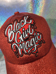Exclusive,"Black Girl Magic" RED Glitter Messy Bun/Ponytail Hat, Glitter Hat, Sparkling Bad Hair Day Hat, Gift for Her, Baseball Cap
