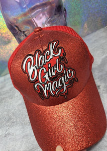 Exclusive,"Black Girl Magic" RED Glitter Messy Bun/Ponytail Hat, Glitter Hat, Sparkling Bad Hair Day Hat, Gift for Her, Baseball Cap