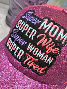 New, "Super Mom, Super Wife, Super Tired" Purple Messy Bun/Ponytail Glitter Hat, Sparkling Bad Hair Day Hat, Gift for Her, Fashionable Hats