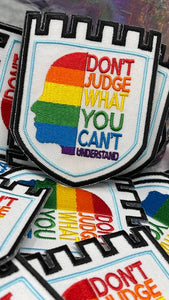 Pride Collection: 1-pc, "You Can't Judge", Sz 3.5" Embroidered Iron-on Patch/LGBTQ Patch for Jackets, Hats, Crocs, Bags, & More,Pride Gifts