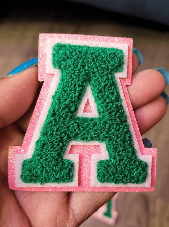 1-pc Green Letter "A" Chenille & Pink Glitter, w/ White Felt, Size 2.75" Varsity Letter Patch with Iron-on Backing, Small Chenille Letters