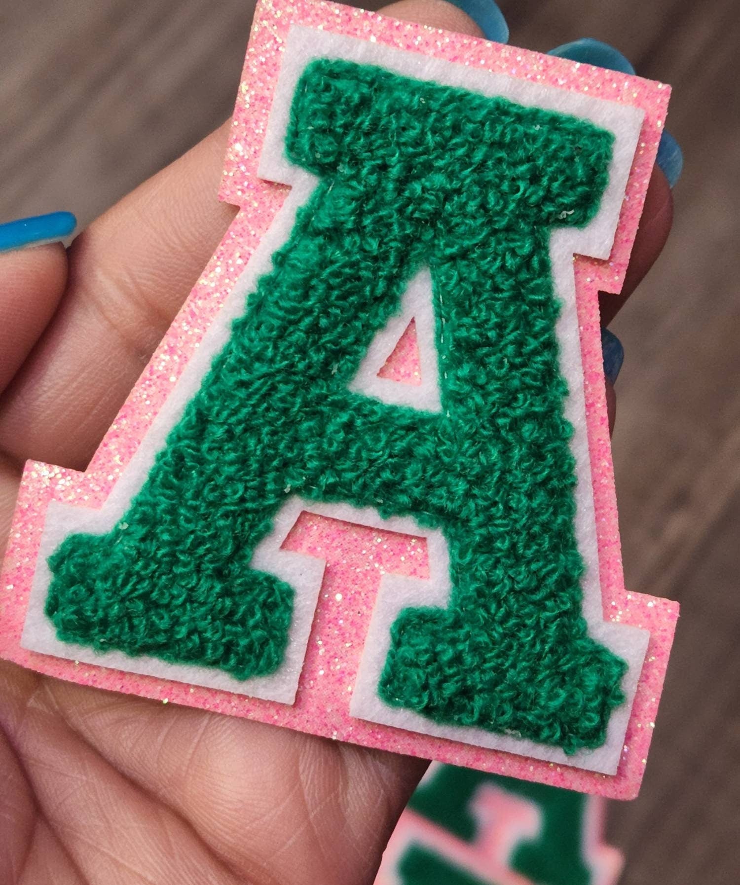 1-pc Green Letter A Chenille & Pink Glitter, w/ White Felt, Size 2.75  Varsity Letter Patch with Iron-on Backing, Small Chenille Letters
