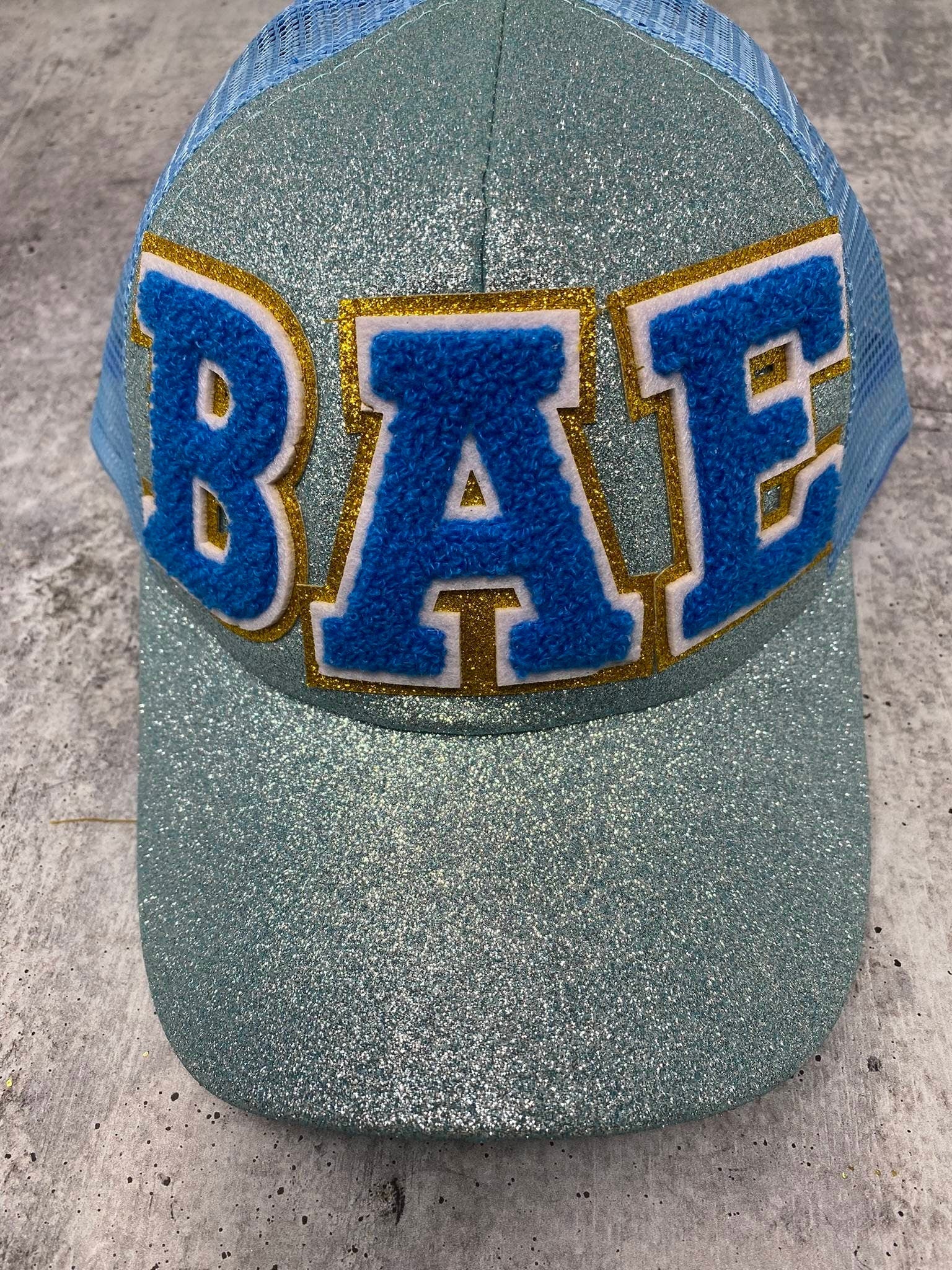 Chenille "BAE" Blue/Gold/White Messy Bun/Ponytail Hat, Glitter Hat, Cute Bad Hair Day Hat, Fashionable Hat for Spring and Summer Hairstyle